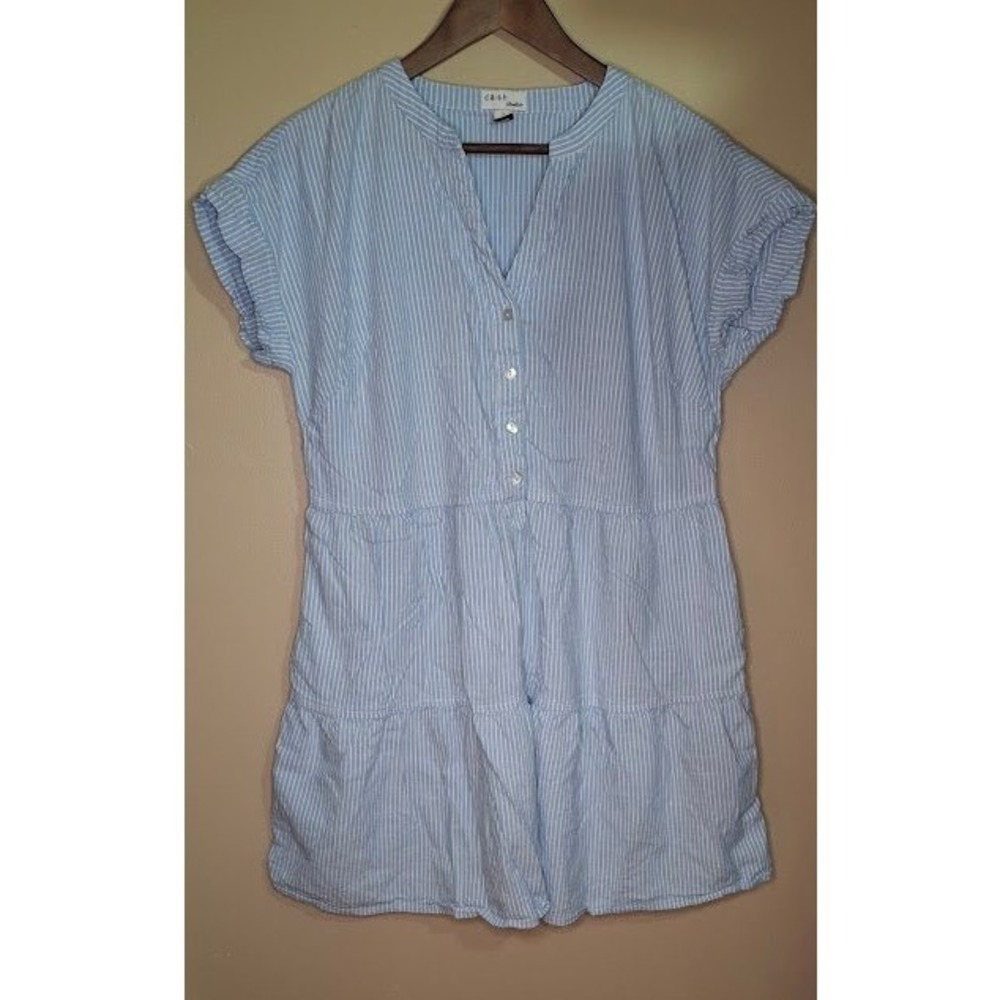 Dash Studio Womens Blue White Striped Tiered Mini Dress Short Sleeve Large